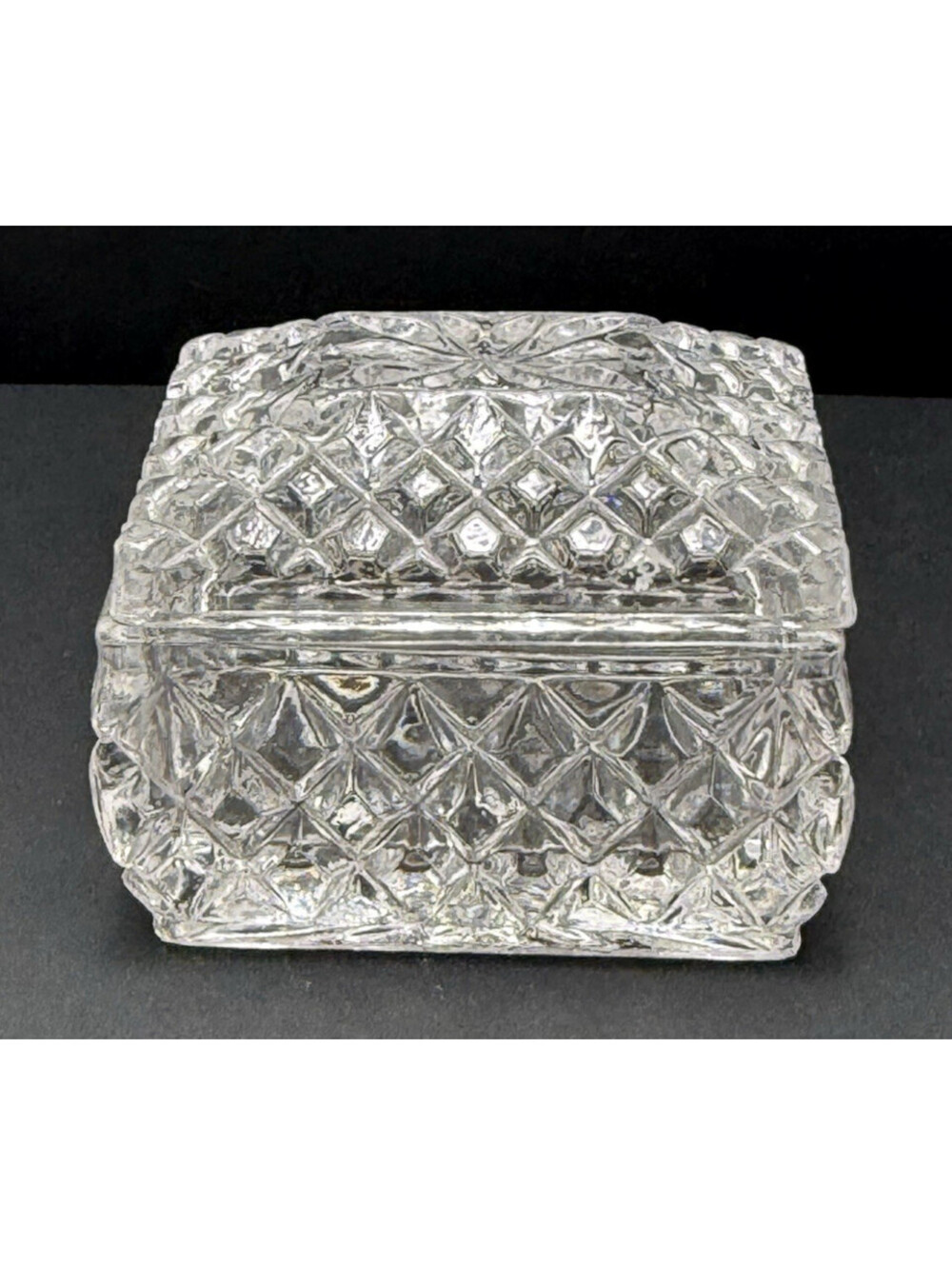 Vtg Glam Cut Glass Rectangular Lidded Trinket Jewelry Box Diamond Pattern